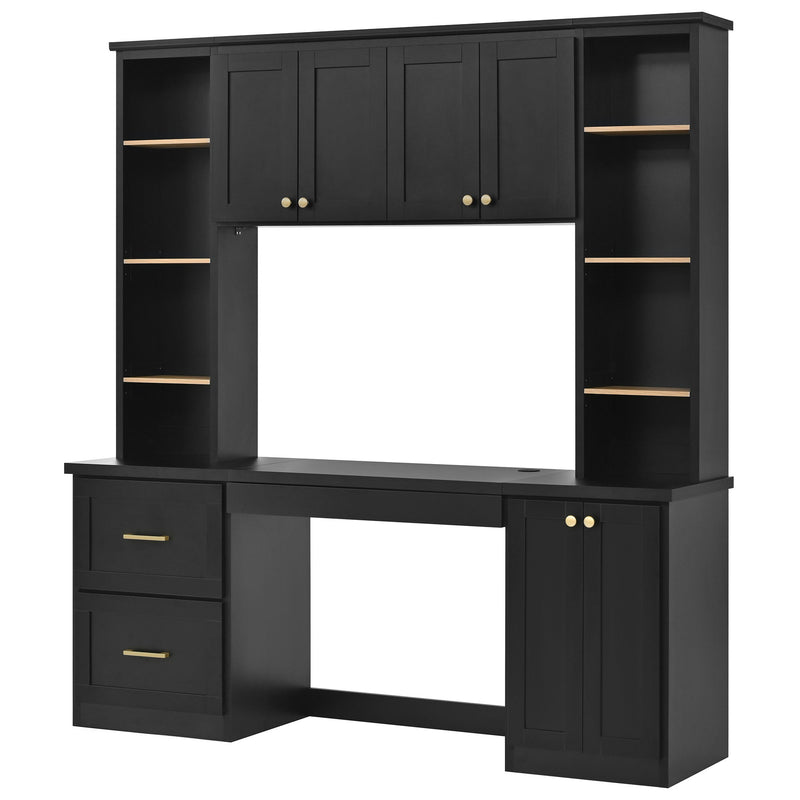 Black computer desk with hutch, open shelves and cabinet doors, built-in keyboard tray