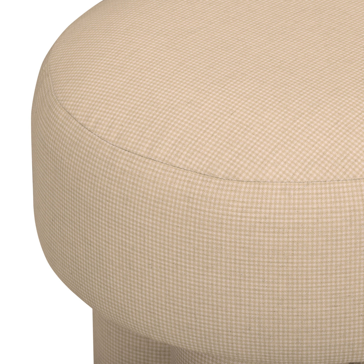 Beige textured upholstered accent stool with rounded seat and curved side.