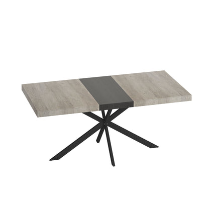 Rectangular dining table, gray tabletop, dark center panel, black X-style legs