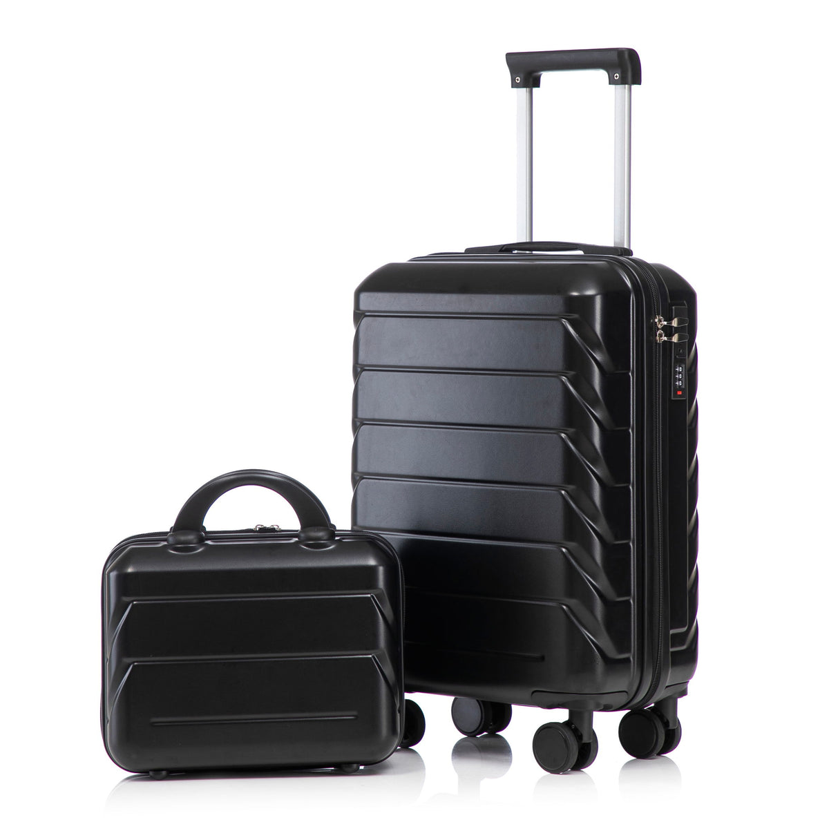 Black spinner luggage set with combination lock and matching wheeled carry case