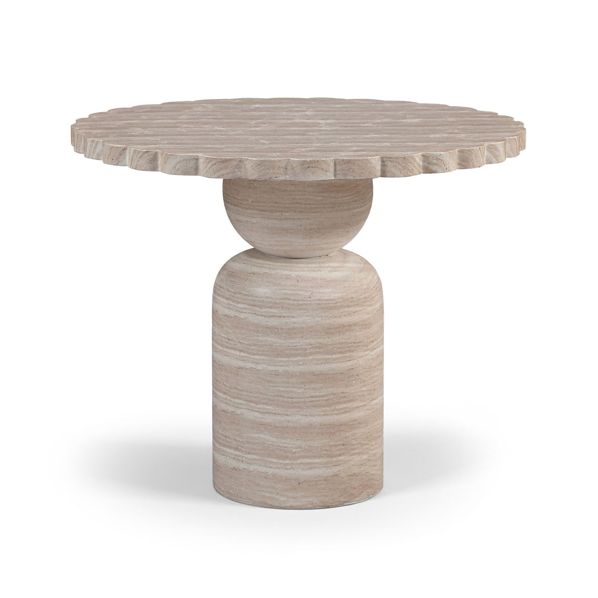 Round indoor/outdoor table with ribbed plank top and carved pedestal base in light wood.