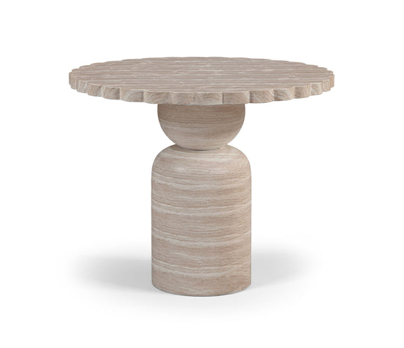 Round indoor/outdoor table with ribbed plank top and carved pedestal base in light wood.