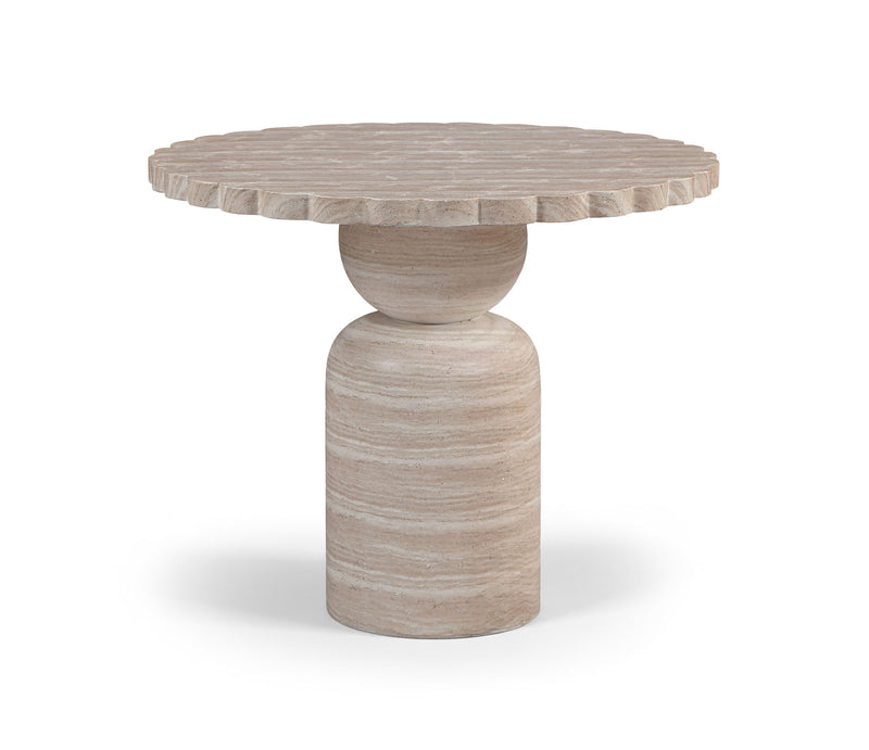Round indoor/outdoor table with ribbed plank top and carved pedestal base in light wood.