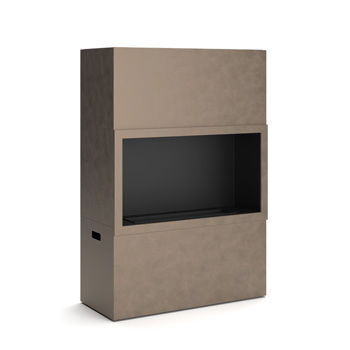 Light brown freestanding fireplace with a rectangular black firebox