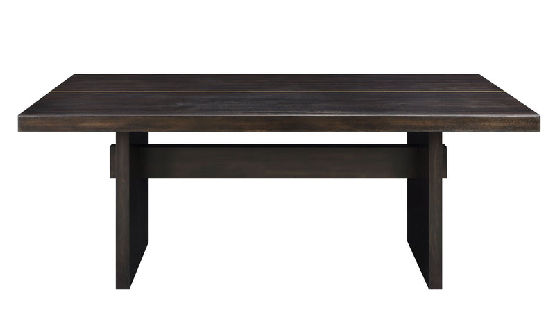 Dark espresso dining table with thick legs and slatted top