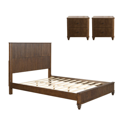 Dark brown 3-piece bedroom set with platform bed and two matching nightstands
