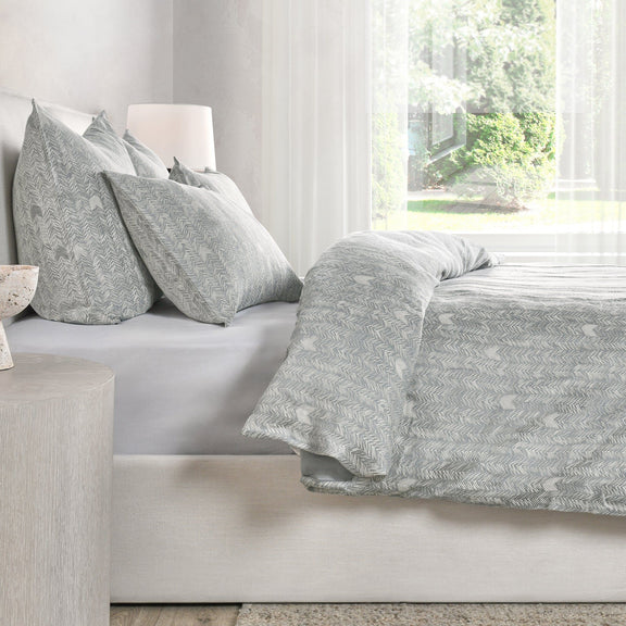 Storm gray 3-piece duvet set featuring herringbone pattern on duvet and decorative pillows