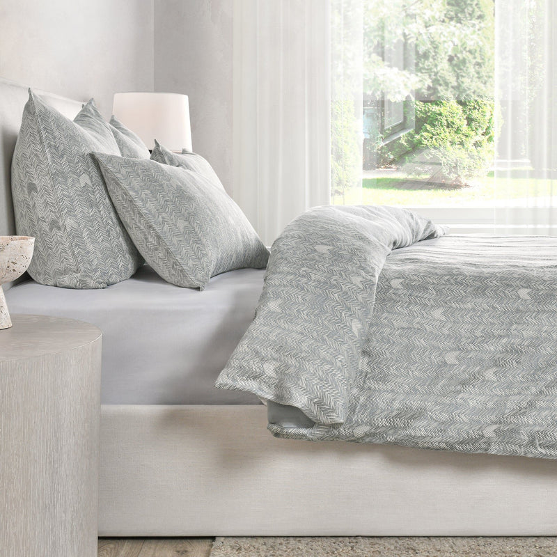 Storm gray 3-piece duvet set featuring herringbone pattern on duvet and decorative pillows