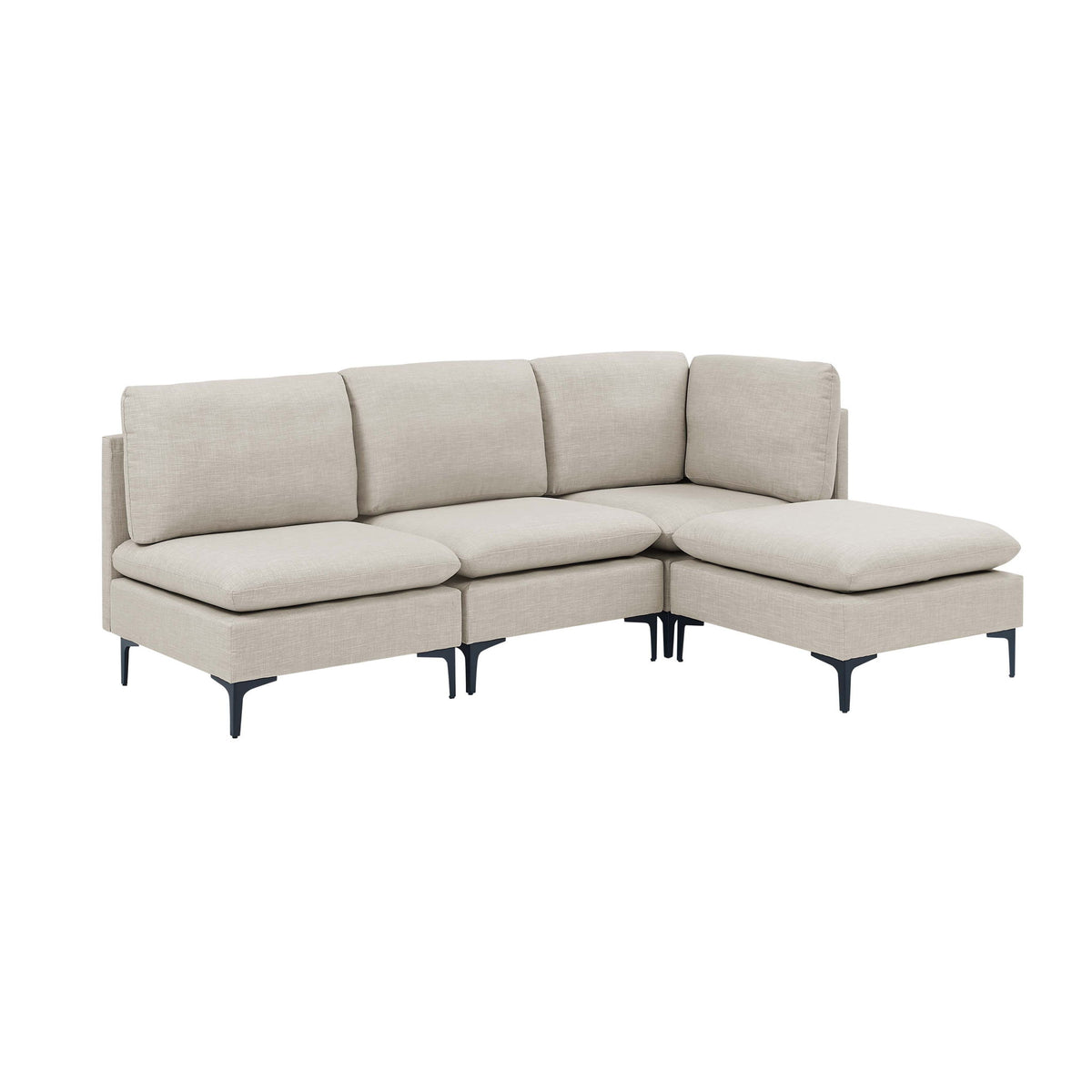 Beige upholstered modular sectional with tall legs and chaise ottomans, medium-firm seat
