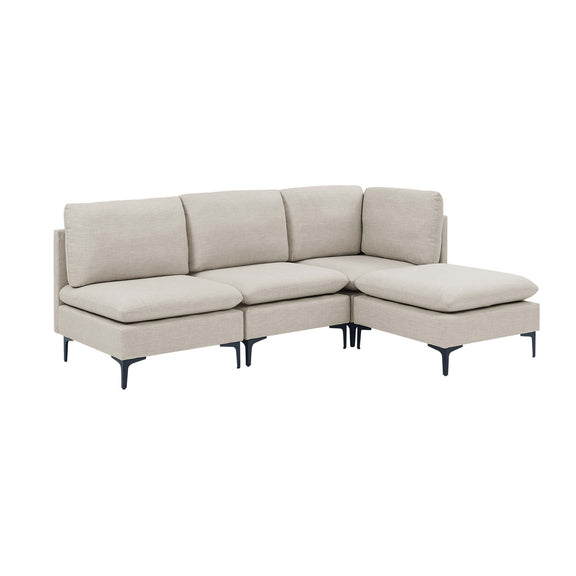 Beige upholstered modular sectional with tall legs and chaise ottomans, medium-firm seat