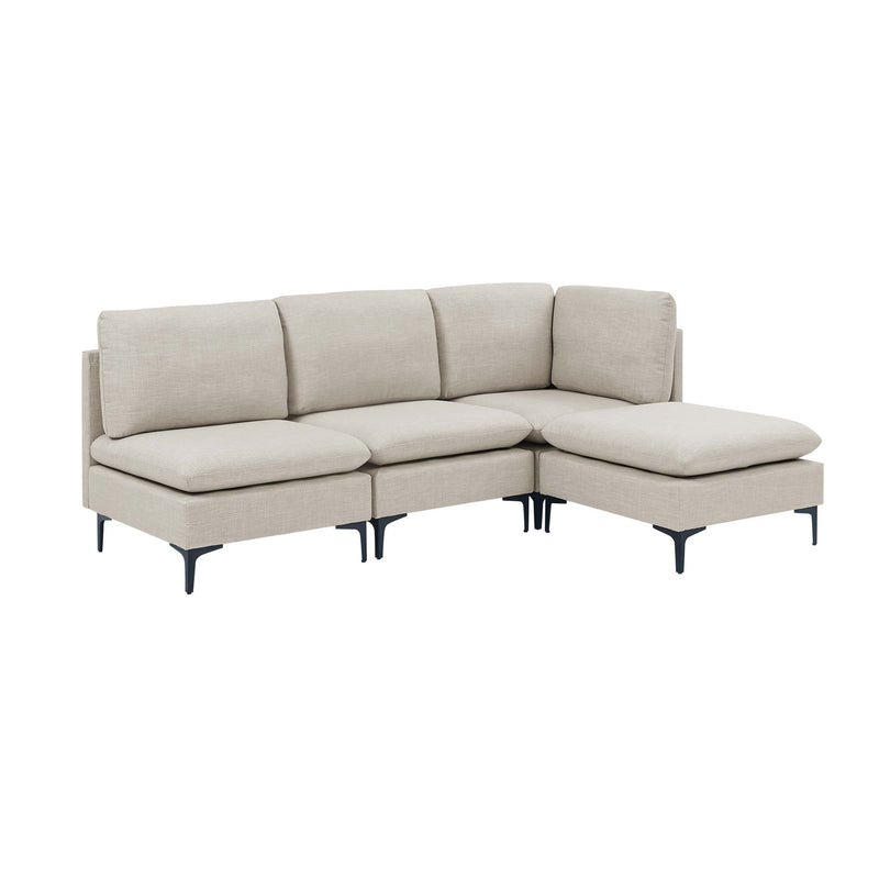 Beige upholstered modular sectional with tall legs and chaise ottomans, medium-firm seat
