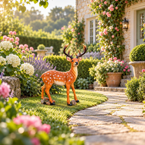 Spotted brown deer statue with antlers displayed as a garden ornament