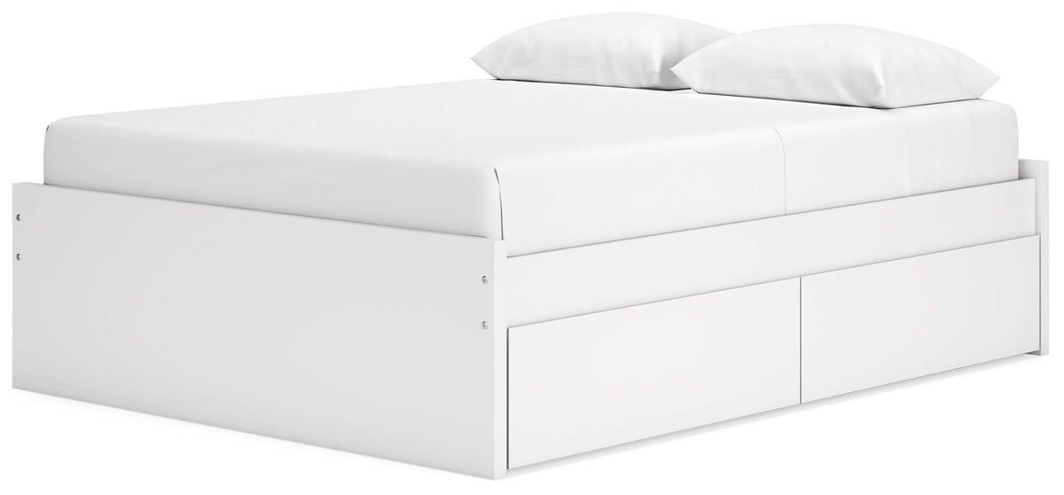 White platform bed with a side storage drawer panel