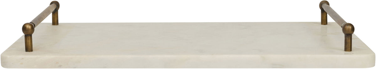 Light marble serving tray with corner posts, shown from the side