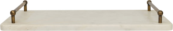 Light marble serving tray with corner posts, shown from the side