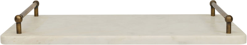 Light marble serving tray with corner posts, shown from the side