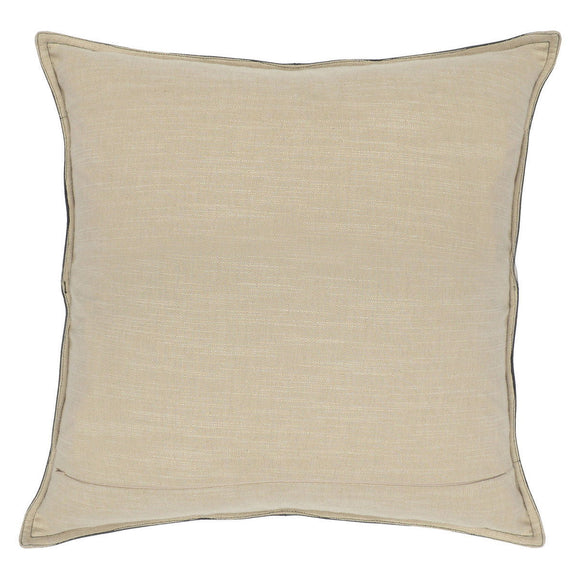 Beige linen-look square pillow with welt piping and stitched edge seams