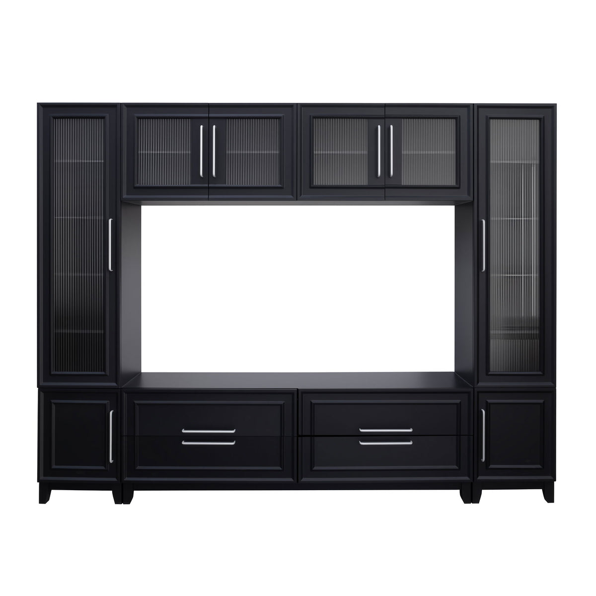 Modern entertainment console with glass doors, black finish, open center shelf