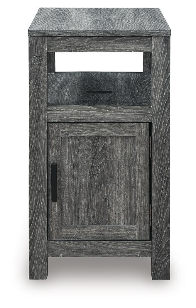 Chair side end table in dark gray wood with open shelf and single cabinet door