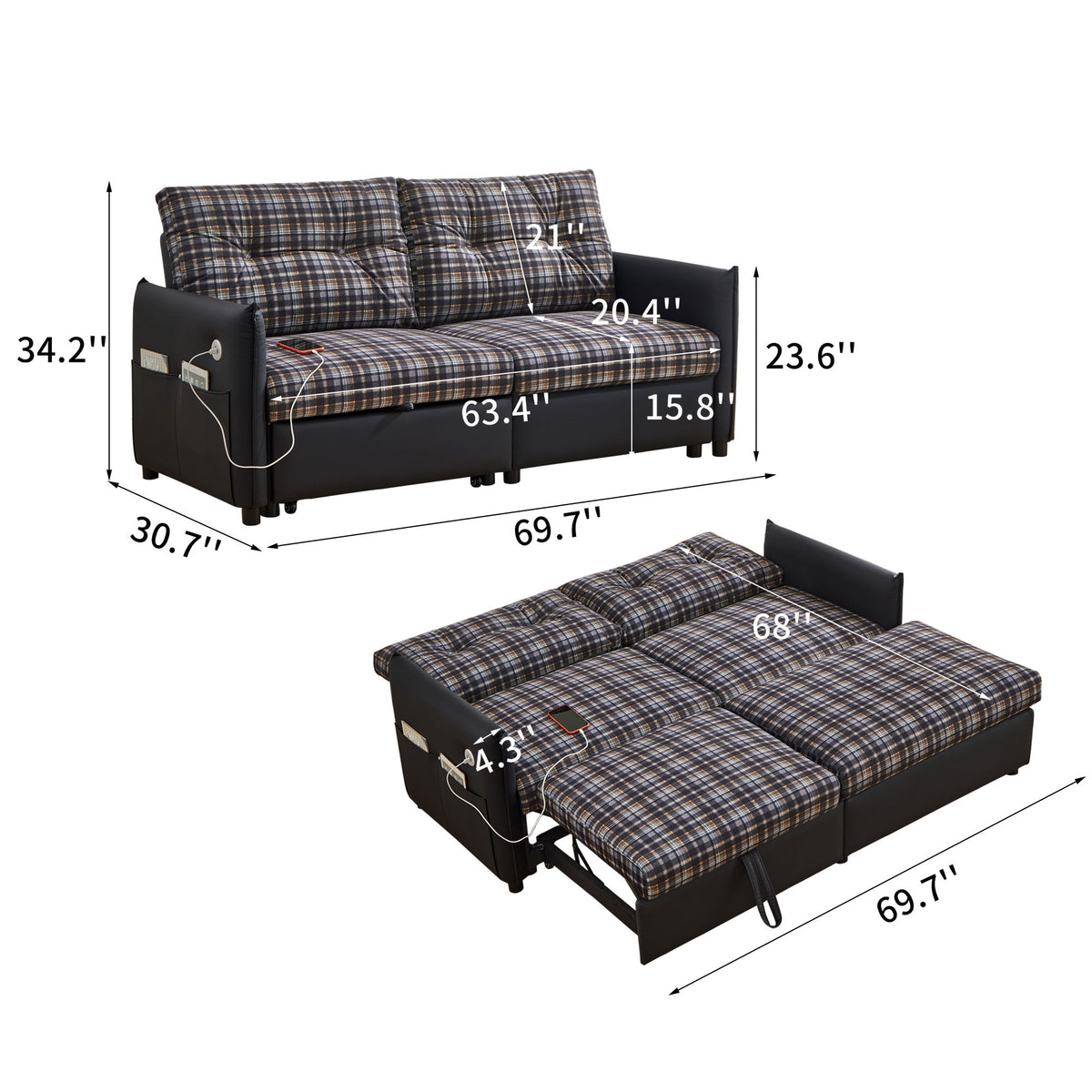 Sleeper Sofa, Expandable Sectional With Ottoman For Living Room