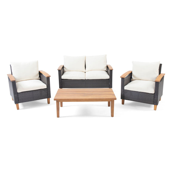 Outdoor chat set with two armchairs, loveseat, teak coffee table, beige water-resistant cushions