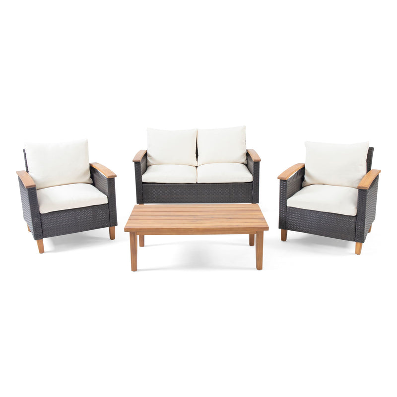 Outdoor chat set with two armchairs, loveseat, teak coffee table, beige water-resistant cushions