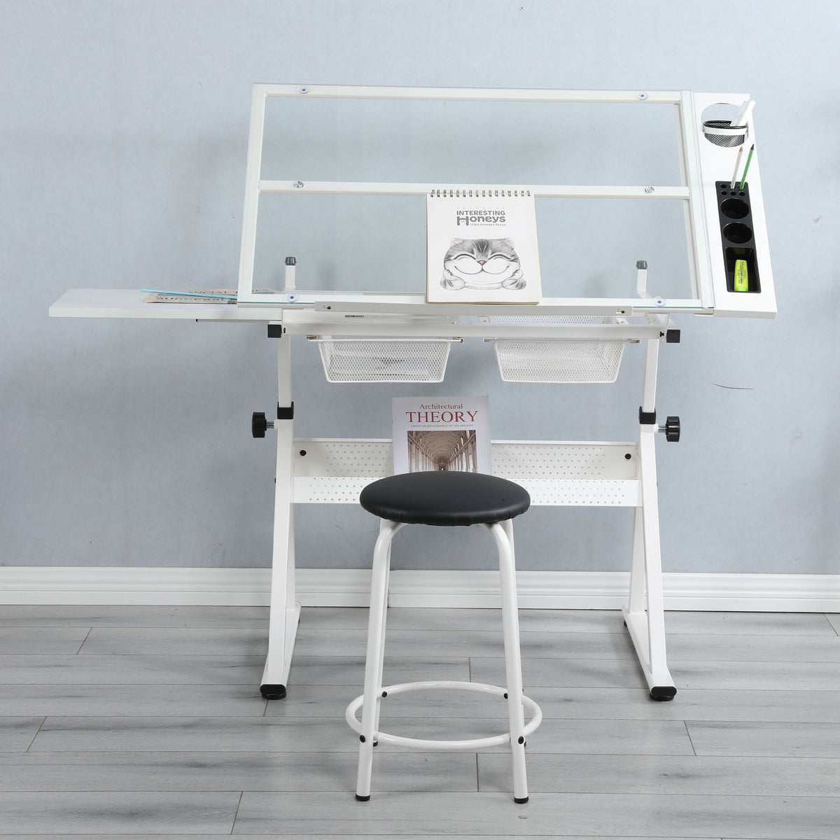 Adjustable Tempered Glass Drafting Printing Table With Chair