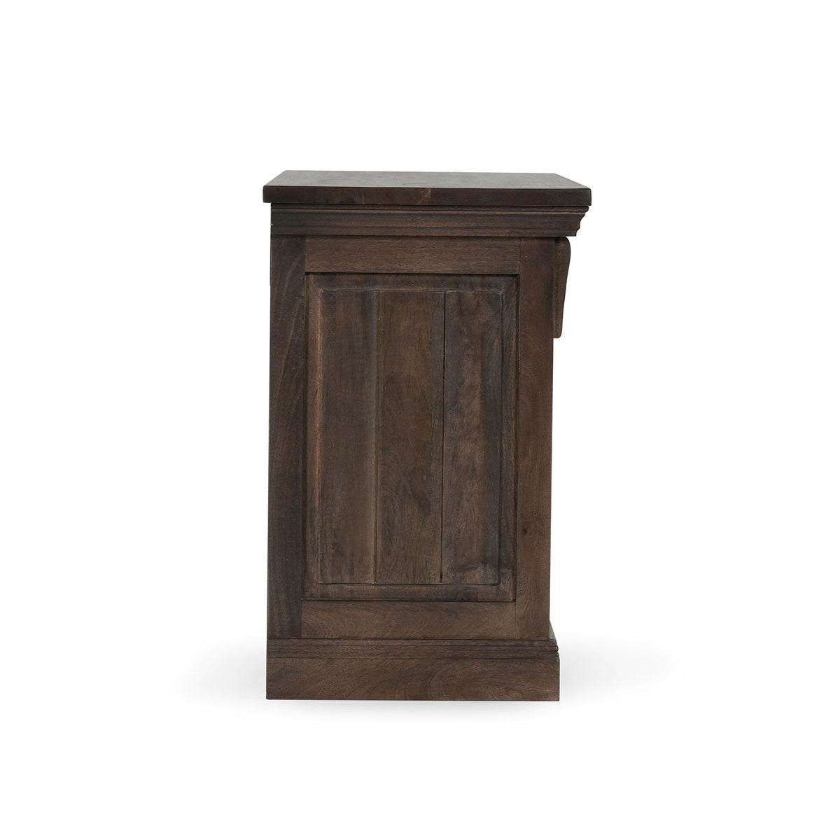 Cocoa brown wood side of 3-drawer nightstand with vertical panel detail