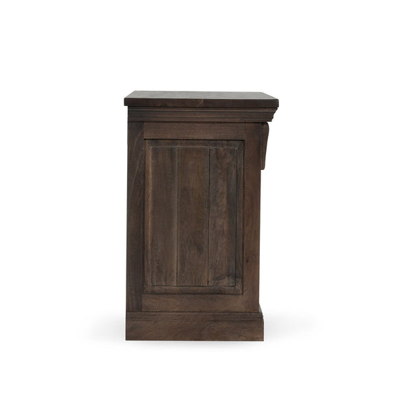 Cocoa brown wood side of 3-drawer nightstand with vertical panel detail