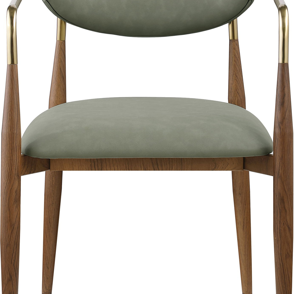 Green upholstered dining arm chair with padded backrest and walnut legs