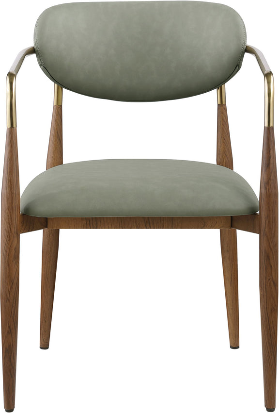 Green upholstered dining arm chair with padded backrest and walnut legs
