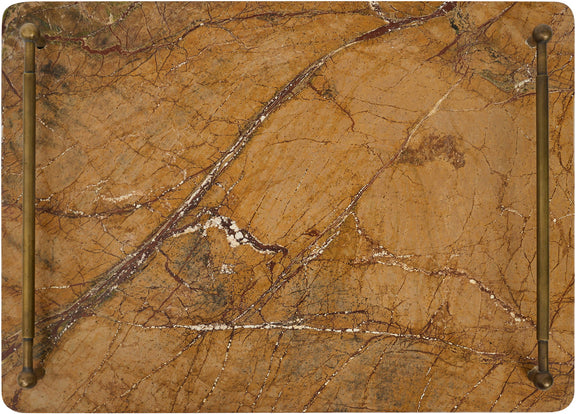 Warm brown marble serving tray with corner posts and prominent vein design