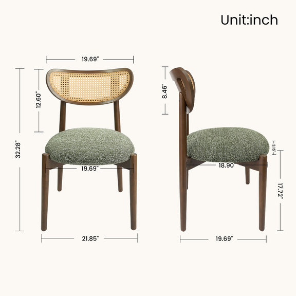 Rattan dining chair pair shown front and side with green seats and dimensions