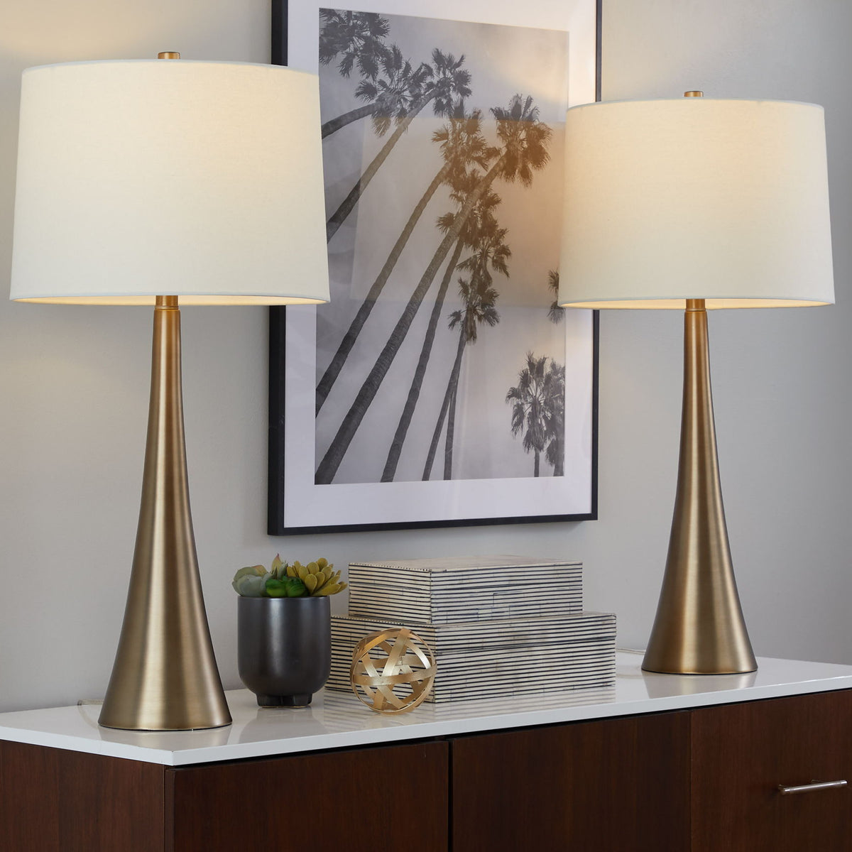 Set of 2 table lamps with white shades and bronze tapered bases