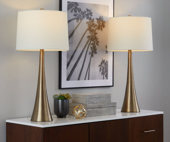 Set of 2 table lamps with white shades and bronze tapered bases