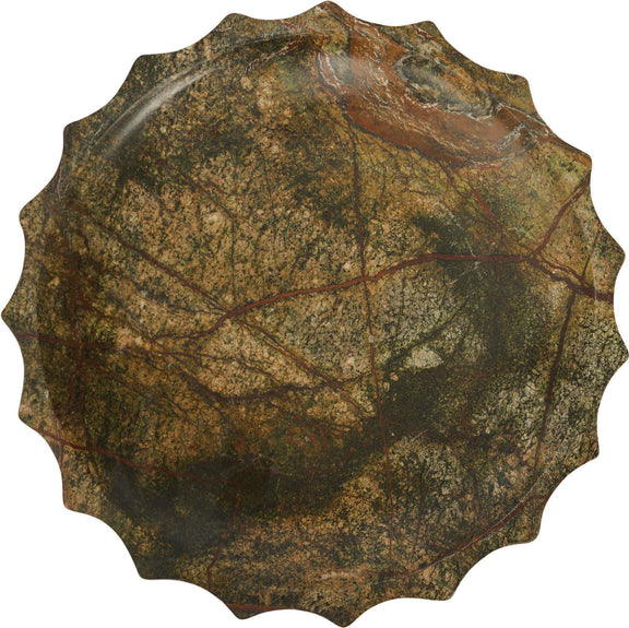 Green genuine marble bowl with mottled veining and scalloped rim edge