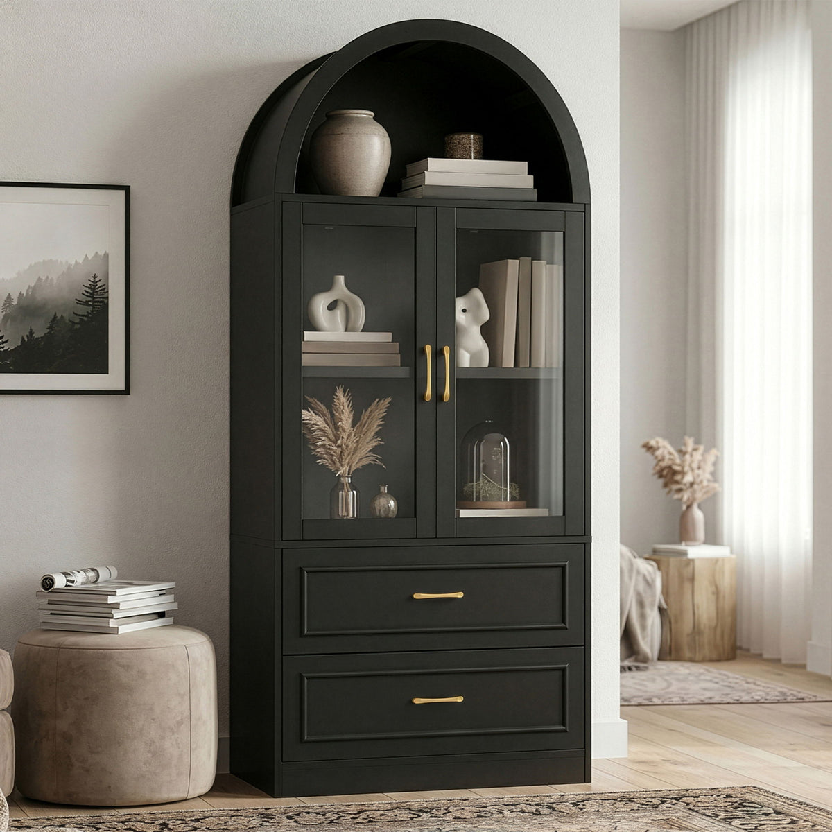 Black arched-top cabinet with display shelves and two drawers, with decor items inside