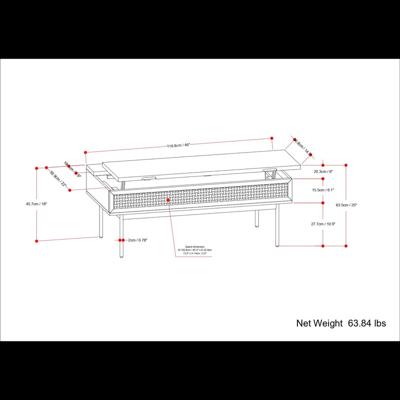 Lift-top coffee table assembly diagram with dimensions and net weight