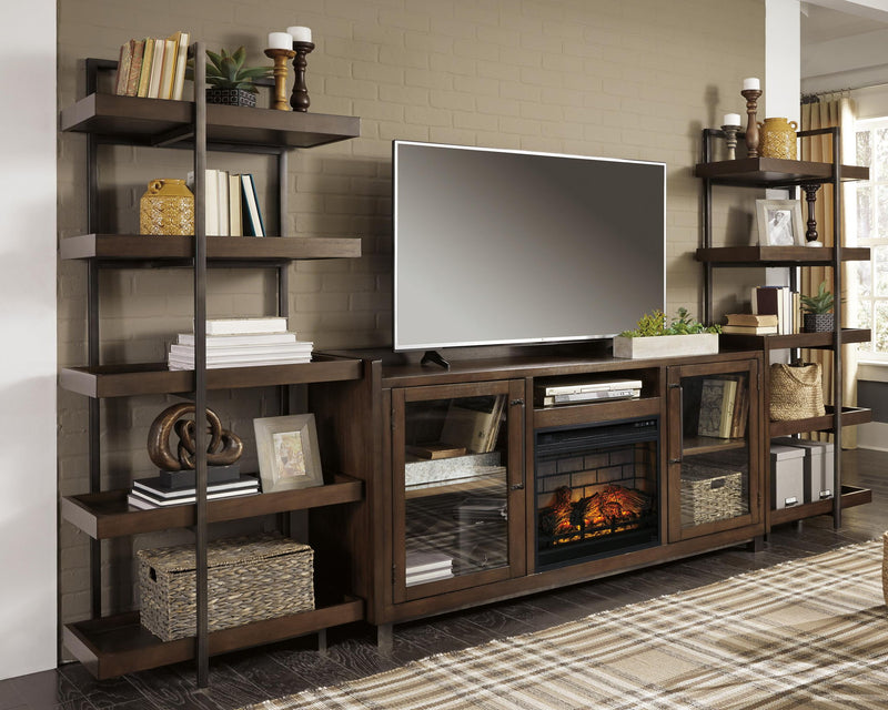 Dark brown TV stand with glass door cabinets, faux fireplace, and open shelving