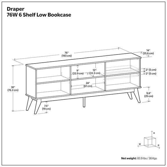 76W 6-shelf low bookcase dimension diagram with measurements.