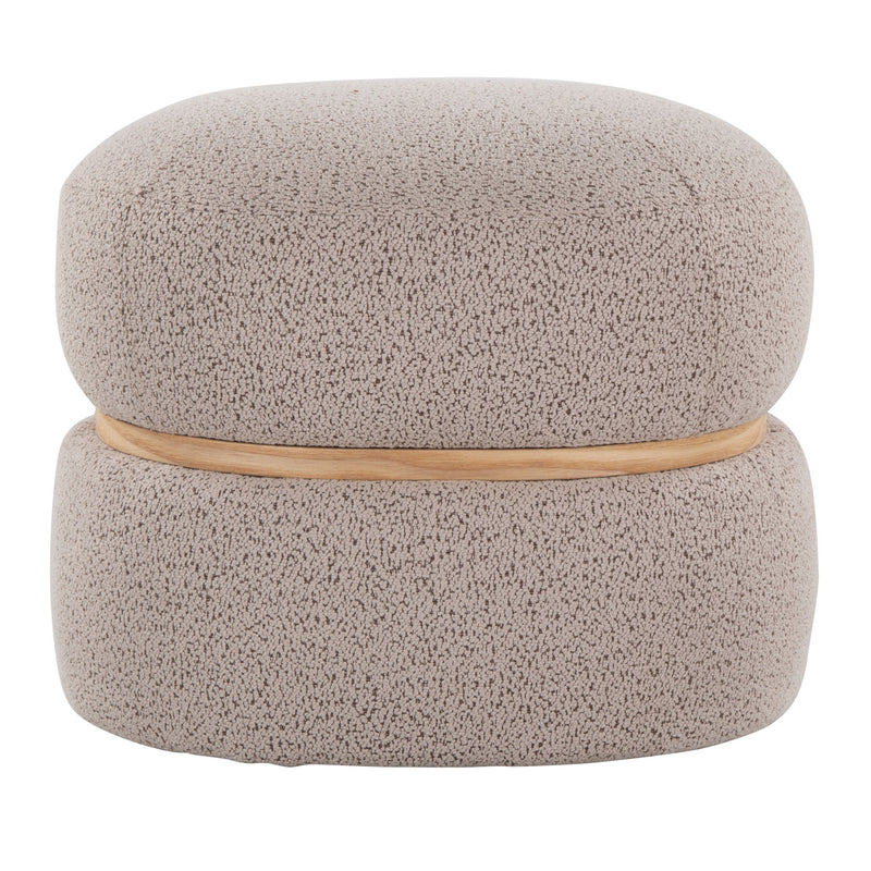 Light gray contemporary pouf ottoman with curved wood ring and tufted appearance