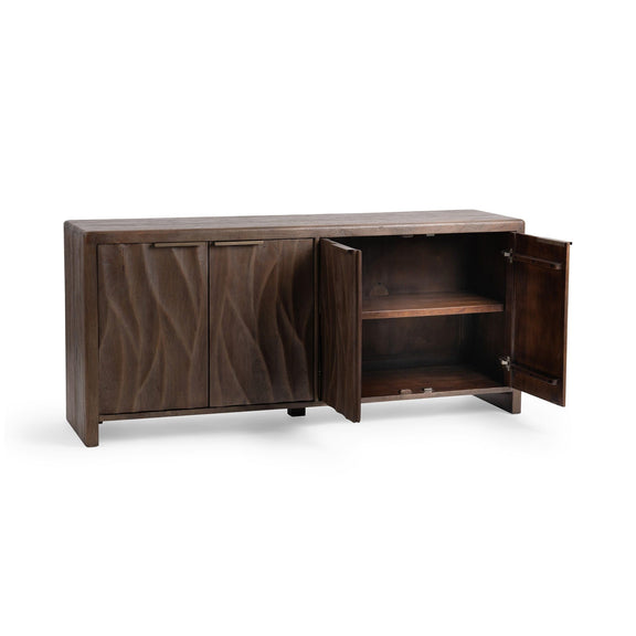 Brown wood 4-door cabinet with open door revealing interior shelf