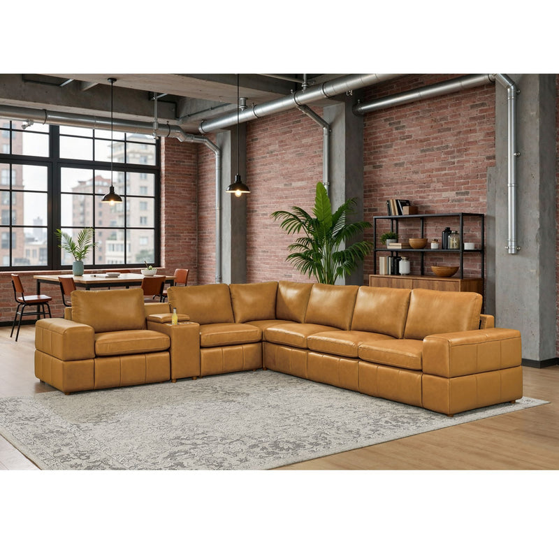 Light brown U-shaped sectional sofa with large square arms, modular corner seats
