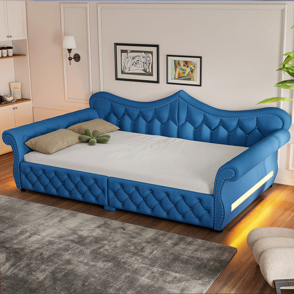 Blue upholstered daybed with tufted panels and side LED strip, curved nailhead trim