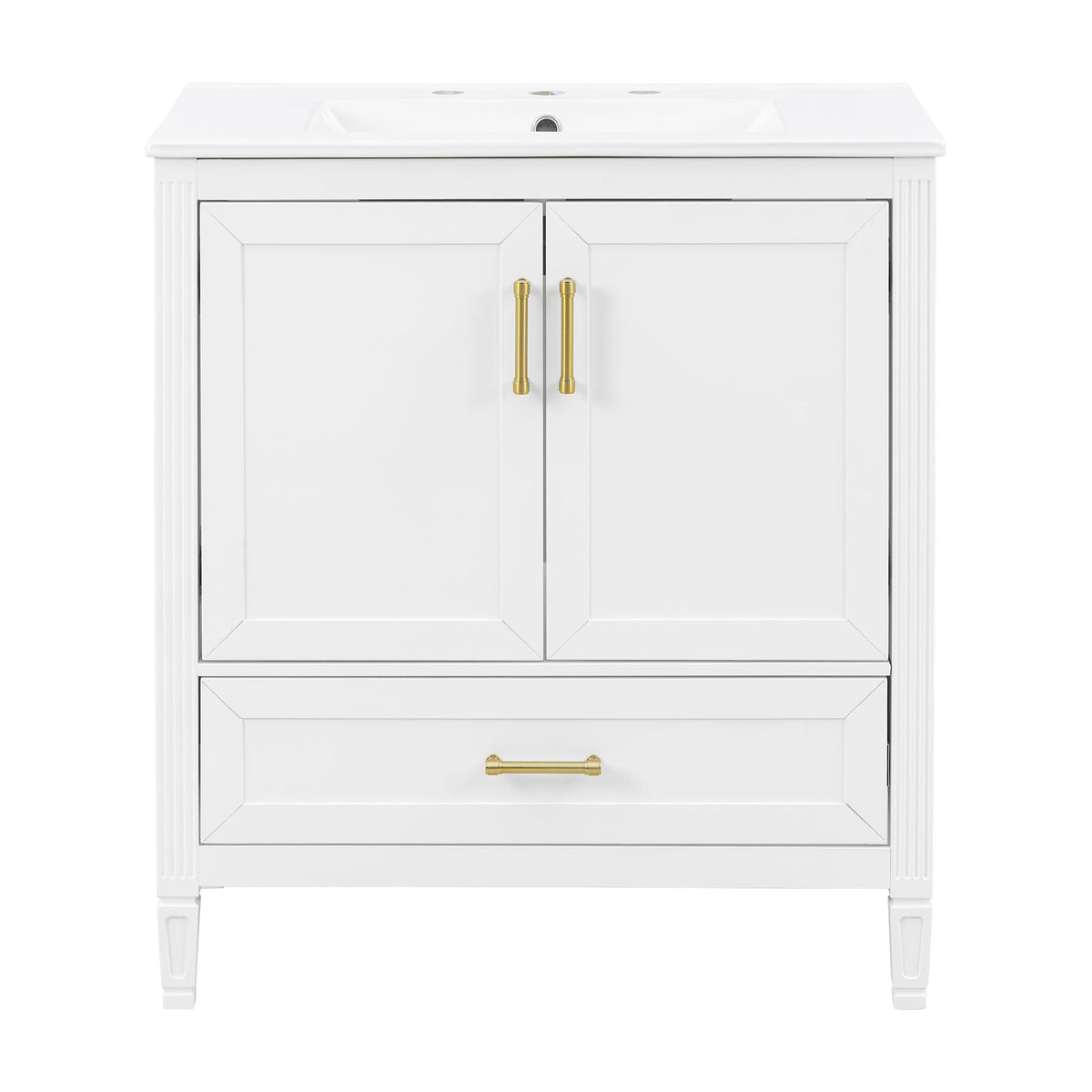 White bathroom vanity with two doors, a central drawer, and gold bar handles