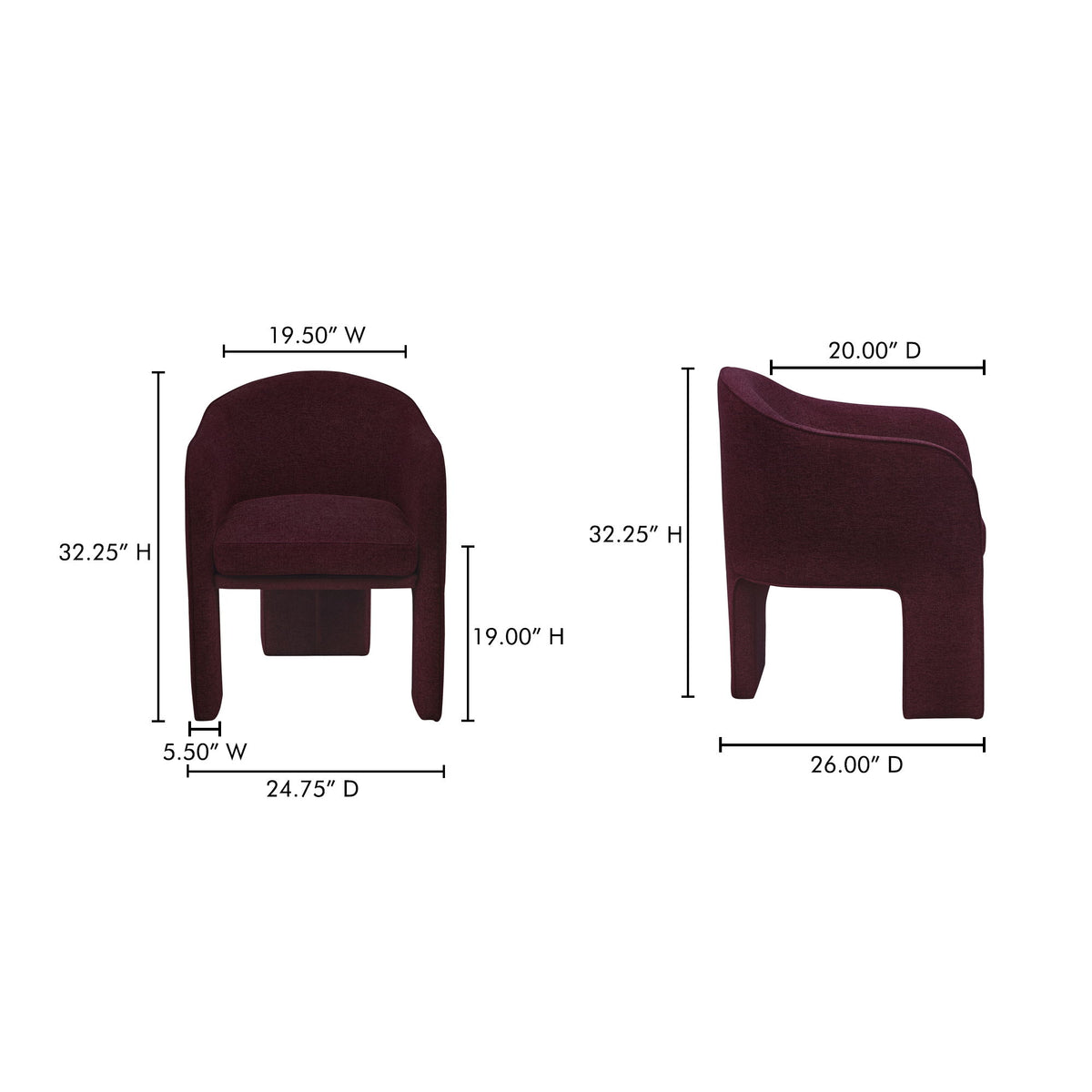 Plum performance fabric dining chair shown with side and angled dimension labels