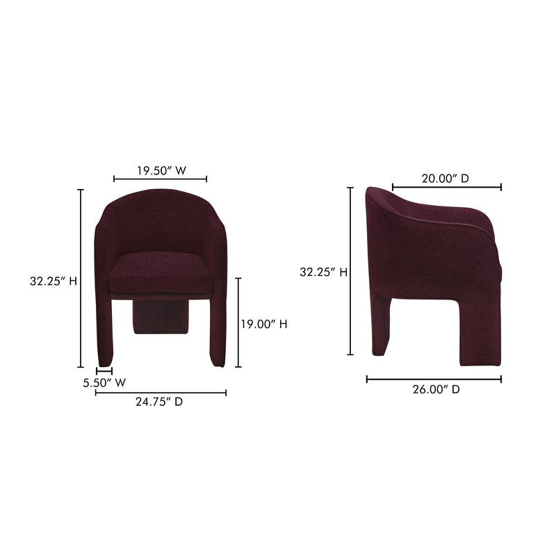 Plum performance fabric dining chair shown with side and angled dimension labels