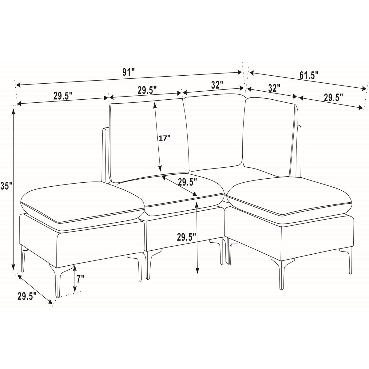Upholstered modular sectional with chaise ottomans—dimension sketch with seat and back measurements