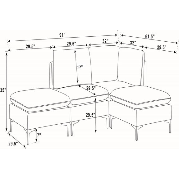 Upholstered modular sectional with chaise ottomans—dimension sketch with seat and back measurements