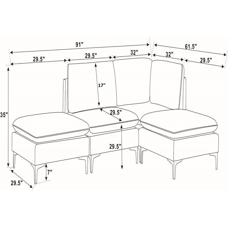 Upholstered modular sectional with chaise ottomans—dimension sketch with seat and back measurements